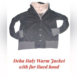Amazing warm Wool blend jacket Deha Italy size Large with big furry lined hood